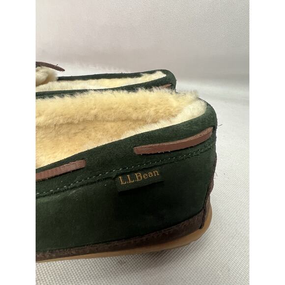 L.L.Bean Wicked Good Moccasin Slippers Mens 11 Green Suede Shearling Lined - Picture 4 of 12
